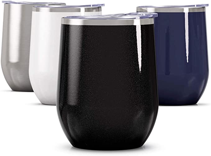 Maars Bev Steel Stemless Wine Glass Tumbler, 12 oz | Double Wall Vacuum Insulated - Black Glitter