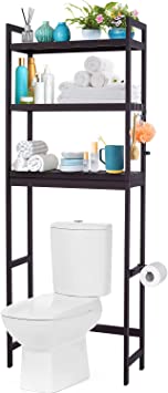 Over The Toilet Storage Shelf, Ohuhu 3-Tier Bamboo Bathroom Organizer Above Toilet with Adjustable Shelves Space Saver Toilet Stand Rack with Paper Holder and 3 Hooks for Laundry Balcony, Brown