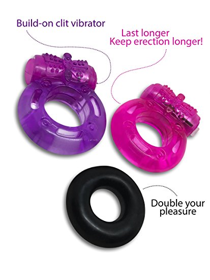 3 Silicone Cockring Set with Clit Stimulator (2 x Vibrating Pleasure Rings   1 Standard Ring) – Pleasure Enhancing Sex Ring Set – Cock Ring Sex Toys for Men