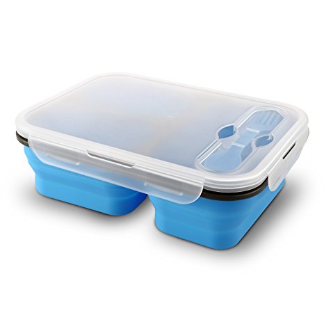 Miusco Collapsible Food Container Lunch Box, 3 Compartments, Blue, Spork Included