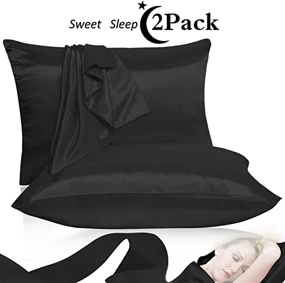 Leccod 2 Pack Shinny Silk Pillowcase with Hidden Zipper, Super Soft and Luxury Satin Pillow Cases Covers for Hair and Skin (Black, Standard : 20x26)