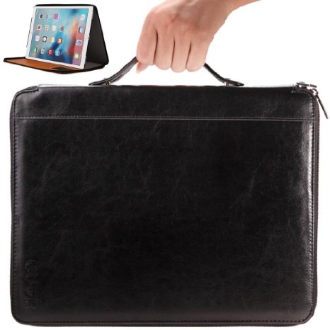 CUVR IPad Pro Case with Handle and Zipper for Easy Carrying Premium Vegan Leather Cover with Kick-Stand. Covers Your Apple on the Go