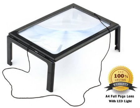 FiveJoy Hands-Free Page Magnifier for Reading with LED Lights - 3X Magnification - Has Flip Out Legs That Can Stand over Document - Comes with Neck Cord to Hang It around Neck - Lightweight, Compact, Portable - Ideal For Reading Small Prints (Map, Newspaper, Magzine and More), Crafting, Repair Of Tiny Parts