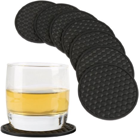HappyDavid Silicone Round Placemat Drink Cup Coasters Set of 8 Piece for Fine Wine, Beer, or Any Beverage. Use on Bars or Fine Furniture in Your Kitchen (black/Silicone)