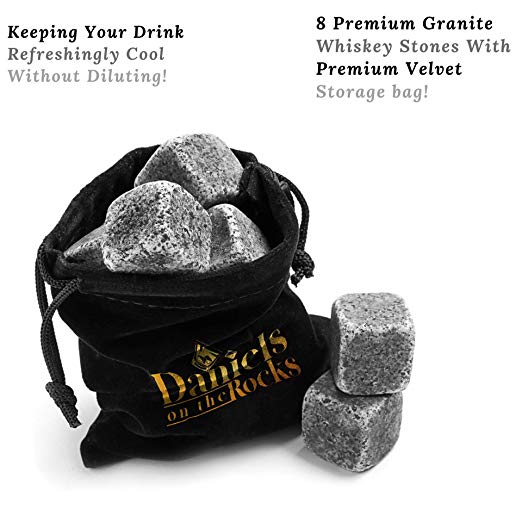 Granite Whiskey Stones | 8 Hand Crafted Drinking Stones | Chill Your Drink with Our Whisky Rocks | Premium Quality | Free Velvet Storage Bag |Daniel's on The Rocks