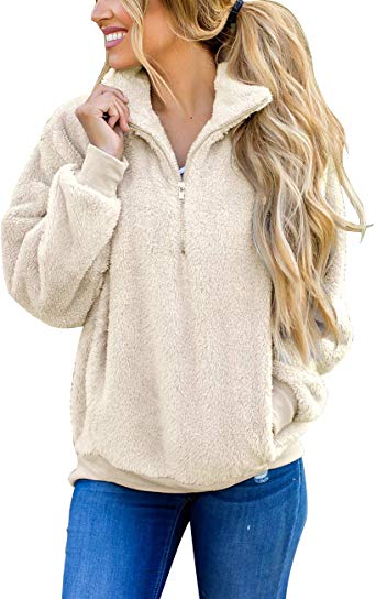 MEROKEETY Women's Long Sleeve Contrast Color Zipper Sherpa Pile Pullover Tops Fleece with Pocket