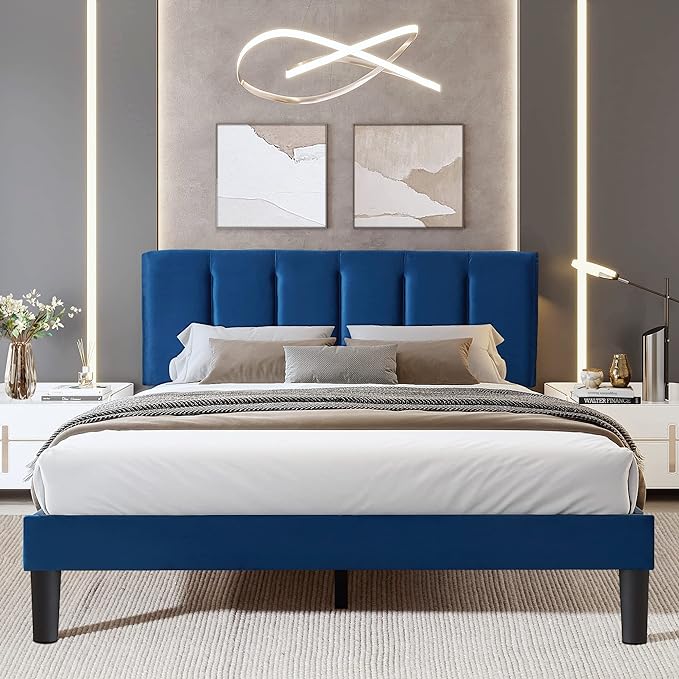 VECELO Full Size Bed Frame, Upholstered Platform Bedframe, Adjustable Headboard, Wood Slat Support, No Box Spring Needed, Easy Assembly, Blue