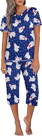 Ekouaer Women's Sleepwear Capri Pajama Sets Short Sleeve Two-Piece Pjs V Neck Tops & Capri Pants with Pockets S-3XL