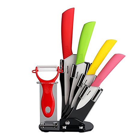 HornTide 6-Piece Kitchen Ceramic Knife Set (3"/7.5cm Paring 4"/10cm Utility 5"/13cm Slicer 6"/15cm Chef Knives with 1 Peeler and 1 Holder) White Blade and Multi Color Handle