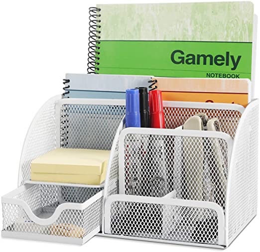 Flexzion Desk Organizer Office Supplies Accessories Desktop Tabletop Sorter Shelf Pencil Holder Caddy Set - Metal Mesh with Drawer and 6 Compartments (White)