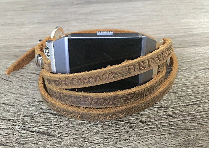 Artisan Brown Leather Bracelet/Anklet For Fitbit Ionic Smart Watch Multi Wrap Handmade Adjustable Size Strap Fitbit Ionic Watch Band With Silver Jewelry Rivets Inspirational Words