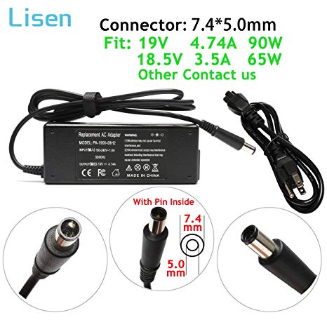 90W 65W 19V 4.74A AC Adapter Charger for HP Probook EliteBook 430 440 450 455 725 745 810 820 840 850 G1 G2 G6, 463958-001 609939-001 PA-1650-02HC PA-1900-18H2 F2P87UT F2P89UT F2P90UT Power Cord