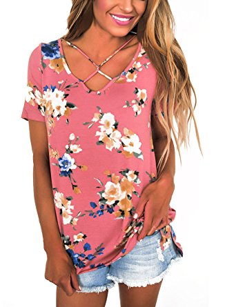 Dokotoo Womens Casual Summer Floral Print Crisscross Cotton Blouses Tops T-Shirts