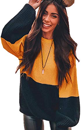 Angashion Women Sweaters-Oversized Chunky Knit Color Block Drop Shoulder Batwing Sleeve Pullover Sweater Tops