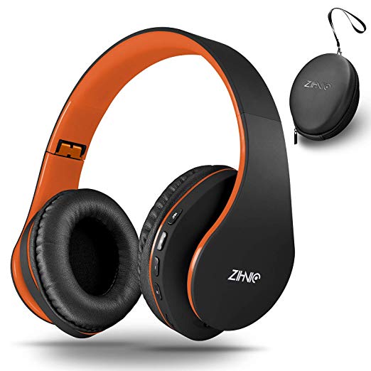 Bluetooth Over-Ear Headphones, Zihnic Foldable Wireless and Wired Stereo Headset Micro SD/TF, FM for iPhone/Samsung/iPad/PC/TV,Soft Earmuffs &Light Weight for Prolonged Wearing (Black-Orange)