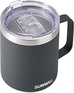 SUNWILL Travel Coffee Mug with Lid, Stainless Steel Coffee Mug, 14oz Reusable Insulated Cup with Handle for Home, Office, Camping, Powder Coated Charcoal