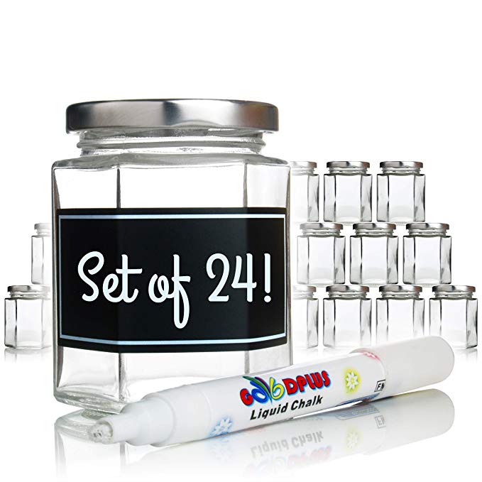 Hexagon Glass Jars - 6oz Set of 24 Glass Jars with Silver Caps with Chalkboard Labels and Marker - Perfect for Spices, Honey, Canning, Gifts and Crafts