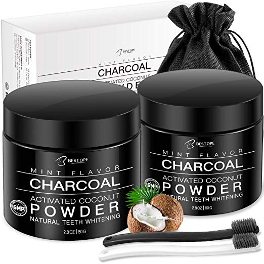 Teeth Whitening[2 Pack],BESTOPE Organic Activated Charcoal Powder with 2 Toothbrushes,Safe and Natural Tooth Whitener for Teeth Stain Removal(4.2 Ounce)