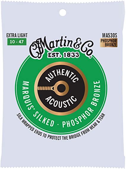 Martin Guitar Authentic Acoustic MA530S Marquis Silked 92/8 Phosphor Bronze Acoustic Strings, Extra-Light-Gauge