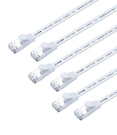 JAVEX CAT7 RJ45 [6-Pack] [Shielded, 10GB] Network Ethernet Flat Cable, White, 5 FT