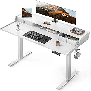 ErGear Electric Standing Desk with Drawers, 55″ x 28″ Gaming Desk with Monitor Stand, C-Clamp Mount Compatible, Home Office Height-Adjustable Desk with Storage Shelf, 4 Preset Heights, White, EGESD37W