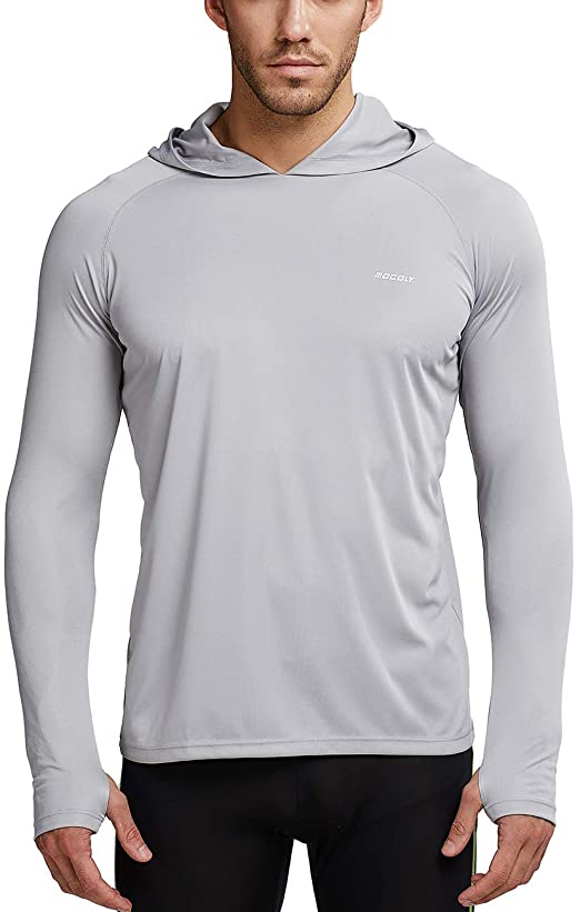 MOCOLY Men's UPF 50  Sun Protection Hoodie Long Sleeve Outdoor Running Performance T-Shirt with Thumbholes