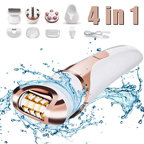 Epilator,Hizek 4 in 1 Cordless Wet and Dry Hair Removal,Including Lady Shaver,Exfoliation Brush and Massager for Women