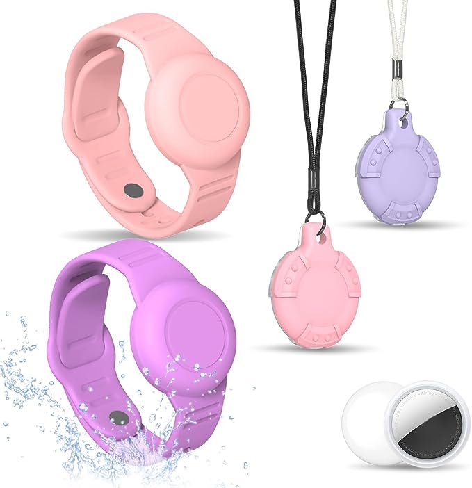 [4 Pack] Waterproof Air Tag Bracelet & Air Tag Necklace for Kids, Silicone Air Tag Hidden Wristband Kids Air Tag Holder Compatible with Apple AirTag Lightweight Air tag Accessories (Pink Purple)