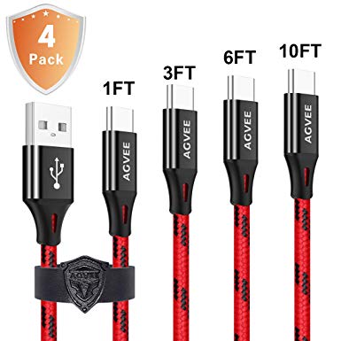 3A Heavy Duty USB C Cable Seamless End Tip Type C Charger Cord [4 Pack 1ft 3ft 6ft 10ft], Agvee Metal Shell, Braided Type C Charger, Fast Charging Cable for Samsung Galaxy S9 S8 Note 8 Black Red