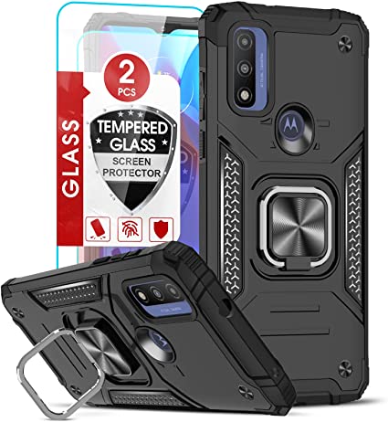 Moto G Pure Case, Moto G Power 2022 Case with [2X Tempered Glass Screen Protector] for Men Women, LeYi Shockproof [Military-Grade] Phone Case with Ring Kickstand for Motorola Moto G Pure, Black