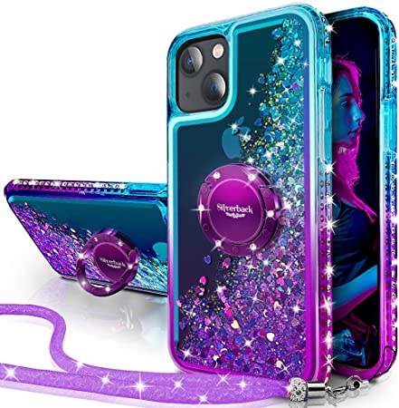 Silverback for iPhone 13 Case with Ring Kickstand Lanyard, Moving Liquid Holographic Sparkle Glitter, Girls Women Bling Diamond Ring Protective Cover for iPhone 13 6.1''-Purple