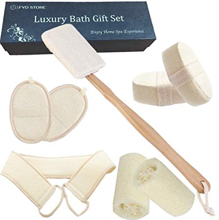 FYD Loofah Luxury Home Spa Gift Set All in One - Loofah Sponges,Loofah Belt, Loofah Long Handle, Loofah Pads Exfoliating Set Improve Skin Health and Cellulite Blood Circulation