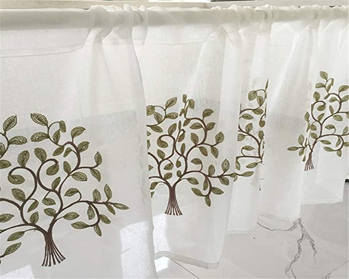 Leaves Embroidered Semi Sheer Curtain Valance Faux Linen Rod Pocket Curtains 1 Panel Kitchen Curtain Sheer Cafe Curtain Window Treatment Tier Voile Drapes for Living Dining Room Door Curtain Cabinet