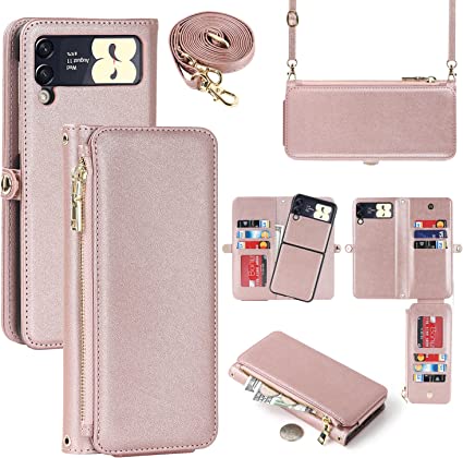 SailorTech Samsung Galaxy Z Flip 3 5G Detachable Wallet Phone Case with S Pen Holder 9 Card Holder 1 Zipper Coin Wallet 1 Cash Slot Lanyard Flip Leather Cover Pink