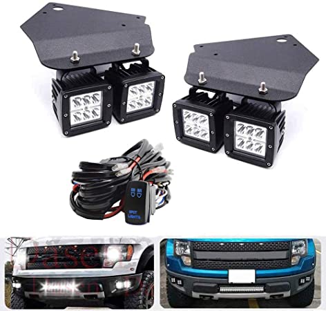 Dasen 4 Pcs 18W LED Fog Driving Lights Off-Road ＆ Front Bumper Foglamp Replacement Cube Light Mount Brackets w/Wiring Kit Compatible with 2010-2014 Ford F150 SVT Raptor