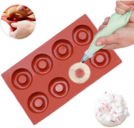 IC ICLOVER Mini Donut Bagel Pan Silicone 8 Holes Doughnut Mold, Non Stick, BPA Free Heat Resistant Cake Baking Small Sized Biscuit, Vermillion (Vermillion)