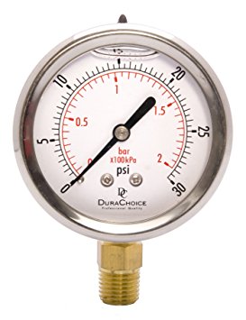 2-1/2" Oil Filled Pressure Gauge - Stainless Steel Case, Brass, 1/4" NPT, Lower Mount Connection 0-30PSI