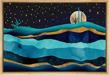 SIGNFORD Framed Canvas Print Wall Art Gold Teal Moon Marble Mountain Range Nature Wilderness Illustrations Modern Art Rustic Zen Landscape Colorful for Living Room, Bedroom, Office - 16"x24" Natural