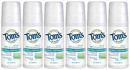 Tom's of Maine Natural Confidence Roll-On Deodorant, Fragrance-Free, 3 Ounce, (Pack of 6)