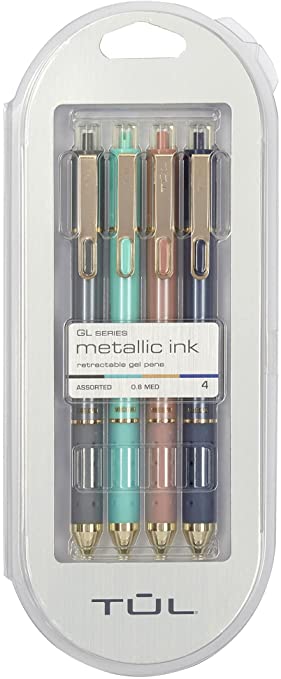 TUL Metallic Retractable Gel Pens, Medium Point, 0.8 mm, Assorted Metallic Barrel Colors, Assorted Ink Colors, Pack Of 4 Pens