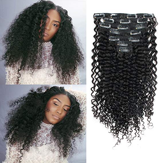 Sassina 8A Top Grade Jerry Curl Remy Clip In Human Hair Extensions Natural Color Real Thick Double Wefts For Full Head 7Pcs 120Grams per set With 16 Clips JC 12 Inch
