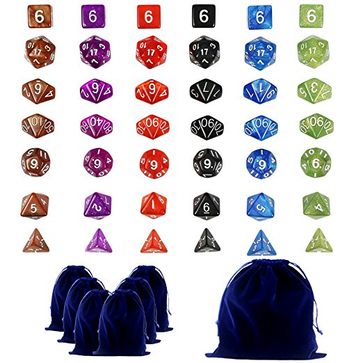 Goodlucky365 42 Polyhedral Dice - Complete Sets Of Seven Dice In 6 Colors - 42 Dice in 6 little dice bags - FREE Large Velvet Dice Bag