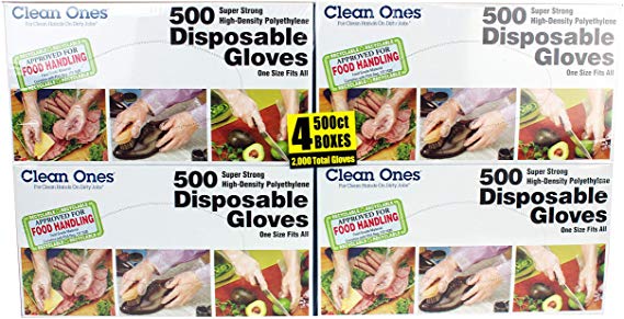 Clean Ones 500 Count Disposable Poly Gloves, Pack of 4, 2000, Clear