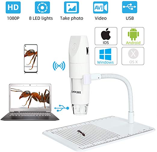 Koolertron Wireless WiFi Digital USB Microscope,Portable Handheld Endoscope Camera Magnifier with 50X-1000x Zoom Magnification 1080P 2MP 8 LED Light for iPhone, iPad, Android Phone, Windows, Mac