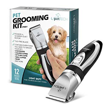 Pet Union Professional Dog Grooming Kit - Rechargeable, Cordless Pet Grooming Clippers & Complete Set of Dog Grooming Tools. Low Noise & Suitable for Dogs, Cats and Other Pets (Chrome)