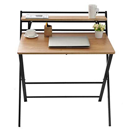 Small Folding Desk Computer Desk for Small Space Home Office Simple Laptop Writing Table No Assembly Required (Khaki)
