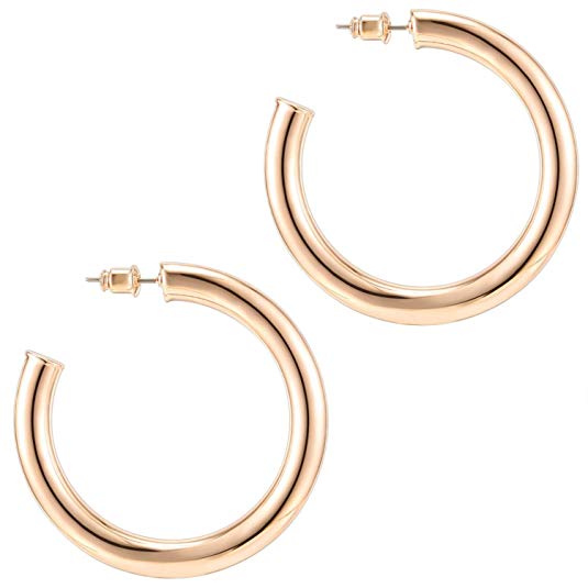 PAVOI 14K Gold Colored Tube Hoop Earrings Wide Thick Hoop Stud Earrings Half Round Hoops for Women Girls