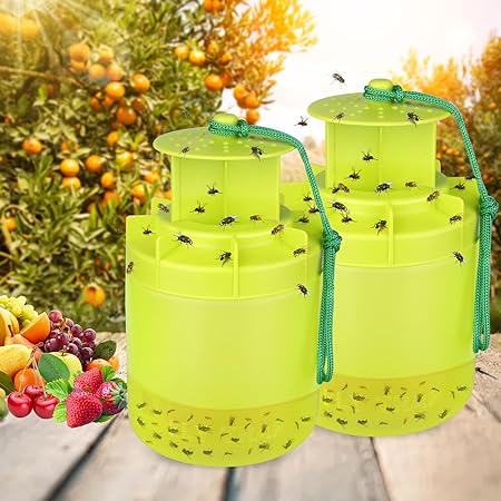 Fly Traps Outdoor Hanging, Upgrade Reusable Fly Trap Fly Killer Outdoor, Non-Toxic Fly Repellent Deterrent Fly Insect Catcher Ranch Fly Trap for Outdoor Hanging with Fly Bait (2 Pack, Grass Green)