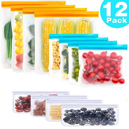 12 Pack Reusable Sandwich & Snack Bags Extra-Thick Reusable Food Storage Bags Freezer Bags Leak Proof Bags PEVA Lunch Bag for Make-up Toiletries