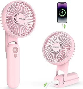 EasyAcc Portable Fan for Travel,Rechargeable Handheld Fan, 5 Speed Ultra Quiet 3-18H with Backup Power Battery Digital Display Foldable Personal Fan Lanyard Neck Fan Hot Flashes Gift Outdoor Pink